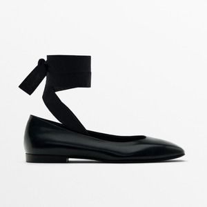 NWT Massimo Dutti Tied strap ballet flats studio leather black Sz 41